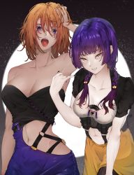 Rule 34 | 2022, 2girls, :o, abs, absurdres, asymmetrical clothes, badge, bare arms, bare shoulders, black dress, black nails, black panties, black pantyhose, black tail, breasts, buckle, button badge, chiwa kotarou, cleavage, closed mouth, clothing cutout, collarbone, cowboy shot, demon tail, dress, fangs, fingernails, gradient hair, groin, halloween, highres, jack-o&#039;-lantern, large breasts, layered dress, leaning forward, long fingernails, medium breasts, messy hair, midriff, multicolored clothes, multicolored dress, multicolored hair, multiple girls, nail polish, navel, off-shoulder dress, off shoulder, open mouth, orange hair, original, panties, panty straps, pantyhose, parted lips, pencil dress, pinky out, pumpkin, purple dress, purple eyes, purple hair, scar, scar across eye, shrug (clothing), stitched face, stitches, stomach, stomach cutout, strap, tail, teeth, toned, tongue, tongue mark, tongue out, twintails, two-tone dress, underwear, upper teeth only, yellow eyes