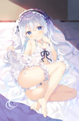 Rule 34 | 1girl, ass, babydoll, bare arms, bare shoulders, barefoot, black hairband, black ribbon, blue bow, blue eyes, blush, bow, bow panties, closed mouth, collarbone, commentary request, frilled hairband, frills, full body, grey hair, hair bow, hairband, lifting own clothes, long hair, original, panties, ribbon, smile, solo, two side up, underwear, underwear only, very long hair, white panties, yuizaki kazuya