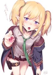 Rule 34 | 1girl, absurdres, black jacket, blonde hair, blurry, candy, chloe (princess connect!), collarbone, collared shirt, commentary request, food, green necktie, highres, holding, holding candy, holding food, holding lollipop, inu (aerodog), jacket, lollipop, long sleeves, looking at viewer, necktie, off shoulder, open mouth, pleated skirt, pointy ears, princess connect!, purple eyes, shirt, sidelocks, simple background, skirt, solo, teeth, tongue, tongue out, translation request, twintails, white background