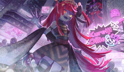 Rule 34 | 1girl, absurdres, bandages, billboard, building, character name, city, city lights, cityscape, english text, fangs, heterochromia, highres, hololive, hololive indonesia, kureiji ollie, kyo mizusawa, long hair, looking at viewer, official alternate costume, open mouth, red footwear, red hair, shawl, skirt, skyscraper, sleeveless, smile, stitched arm, stitched face, stitched leg, stitches, udin (kureiji ollie), virtual youtuber, zombie