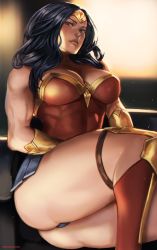 Rule 34 | 1girl, ass, bare shoulders, black hair, blue eyes, boots, breasts, cleavage, closed mouth, dc comics, covered erect nipples, jewelry, large breasts, legs, leotard, lips, long hair, looking at viewer, muscular, muscular female, rejean dubois, sitting, solo, superhero costume, thighs, tiara, toned, wonder woman, wonder woman (series)