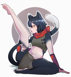 Rule 34 | 1girl, animal ears, ararartti, arm support, armor, artist name, bare legs, bare shoulders, barefoot, black hair, body fur, brown skirt, cat ears, cat girl, cat tail, commentary, crop top, dungeon meshi, english commentary, fingernails, flexible, full body, highres, izutsumi, leather armor, leg lift, looking at viewer, midriff, mismatched animal ear colors, navel, outline, profile, red scarf, scarf, sharp fingernails, sharp toenails, shoe soles, short hair, sideways glance, sitting, skirt, sleeveless, slit pupils, solo, tail, tail raised, toenails, toes, tongue, tongue out, white background, white outline, yellow eyes