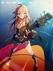 Rule 34 | 1girl, ahoge, bass guitar, black choker, black footwear, black gloves, black jacket, black socks, blew andwhite, blue eyes, boots, breasts, choker, cleavage, fingerless gloves, from above, gloves, hair ornament, hairclip, highres, holding, instrument, jacket, jewelry, knee boots, kneehighs, large breasts, light brown hair, long hair, long sleeves, music, necklace, original, personification, playing instrument, pleated skirt, red skirt, signature, skirt, smile, socks, solo, standing