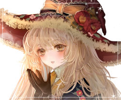 Rule 34 | 1girl, black gloves, blonde hair, bow, flower, framed, gloves, hair between eyes, hat, hat bow, hat flower, komorihikki, long hair, looking at viewer, open mouth, orange bow, original, red flower, red hat, solo, white background, witch, witch hat, yellow eyes