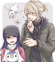 Rule 34 | 1boy, 1girl, blonde hair, blue eyes, blue hair, commentary request, creatures (company), dawn (pokemon), game freak, gen 2 pokemon, gen 4 pokemon, hand on own face, hat, highres, jacket, jewelry, looking up, necklace, nintendo, official alternate costume, open clothes, open jacket, piplup, pokemon, pokemon dppt, pokemon legends: arceus, rigu (aiide), scarf, sidelocks, smile, spoken squiggle, squiggle, sweatdrop, togetic, turtleneck, volo (pokemon), winter clothes