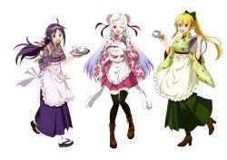 Rule 34 | 3girls, absurdres, apron, artist request, baking, blonde hair, boots, braid, braided bangs, cooking, cross-laced footwear, full body, green eyes, high heel boots, high heels, highres, lace-up boots, leafa, long hair, multiple girls, red eyes, simple background, standing, standing on one leg, sword art online, sword art online the movie: ordinal scale, thighhighs, white background, yuna (sao), yuuki (sao)