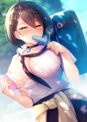 Rule 34 | 1girl, ahoge, alternate costume, azur lane, bag, baltimore (azur lane), beige sweater, black hair, black necktie, blue sky, blurry, blurry background, blush, braid, breasts, choker, cleavage, clothes around waist, collarbone, collared shirt, cowboy shot, cup, day, floating hair, food, food in mouth, highres, holding, holding cup, holding food, large breasts, looking at viewer, necktie, no bra, noukatu, one breast out, outdoors, pleated skirt, popsicle, popsicle in mouth, school bag, school uniform, shirt, short hair, skirt, sky, smile, solo, tree, white shirt, wind, yellow eyes