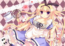 Rule 34 | 1girl, alice (alice in wonderland), alice (alice in wonderland) (cosplay), alice in wonderland, alternate costume, apron, argyle, argyle background, argyle clothes, azumi kazuki, blonde hair, blush, bow, card, cosplay, cup, dress, female focus, hair bow, hair ribbon, long hair, looking at viewer, pantyhose, pink eyes, playing card, puffy short sleeves, puffy sleeves, ribbon, short sleeves, solo, striped clothes, striped pantyhose, touhou, very long hair, yakumo yukari