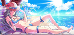 Rule 34 | 1girl, beach, bikini, blue bikini, breasts, cleavage, day, fire emblem, fire emblem: path of radiance, fire emblem heroes, green hair, hat, highres, kokouno oyazi, long hair, looking at viewer, nephenee, nintendo, open mouth, smile, solo, swimsuit, thigh strap, thighs