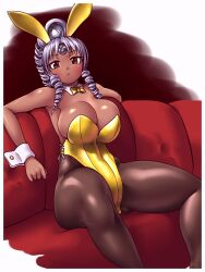 Rule 34 | 1girl, animal ears, bare shoulders, black pantyhose, bow, bowtie, breasts, cleavage, closed mouth, dark-skinned female, dark skin, detached collar, drill hair, drill ponytail, fake animal ears, frown, hair intakes, hair ornament, highleg, highleg leotard, highres, kuma (kumahoihoi), large breasts, leotard, light purple hair, long hair, looking at viewer, object through head, os-tan, pantyhose, playboy bunny, ponytail, rabbit ears, red eyes, ribbon, screw, screw hair ornament, screw in head, shiny skin, side drill, sitting, solo, strapless, strapless leotard, vista-tan, vistake, white ribbon, wrist cuffs, yellow bow, yellow bowtie, yellow leotard