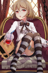 Rule 34 | 1girl, blood, blood in mouth, bow, brown hair, buttons, chain, chair, frilled pillow, frills, gilse, holster, lignigese, long sleeves, lowres, panties, pantyshot, pillow, pleated skirt, red eyes, ribbon, short hair, sitting, skirt, smile, socks, solo, striped clothes, striped panties, striped socks, striped thighhighs, sword girls, thigh holster, thighhighs, underwear, upskirt, vampire