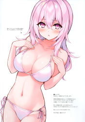 Rule 34 | 1girl, absurdres, bare arms, bare shoulders, bikini, blush, breasts, cleavage, collarbone, cu-no, hands on own chest, hands up, highres, hisen kaede, large breasts, long hair, looking at viewer, navel, parted lips, pink hair, purple eyes, scan, shiny skin, side-tie bikini bottom, simple background, solo, stomach, swimsuit, thighs, white background, white bikini, yayoi sakura
