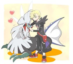 Rule 34 | 1boy, ahoge, blonde hair, border, brushing, commentary request, creatures (company), fanny pack, game freak, gen 7 pokemon, gladion (pokemon), hair over one eye, heart, holding, holding brush, hood, hood down, hoodie, legendary pokemon, male focus, nagi (exsit00), nintendo, pants, pokemon, pokemon (creature), pokemon sm, red bag, red footwear, shoes, short hair, silvally, standing, torn clothes, torn pants, white border