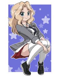 Rule 34 | 1girl, black footwear, blonde hair, blouse, blue eyes, closed mouth, collared shirt, cross-laced footwear, floating, full body, girls und panzer, hair intakes, hugging own legs, jacket, kay (girls und panzer), knees up, long hair, looking at viewer, open clothes, open jacket, outline, outside border, saunders school uniform, school uniform, shirt, shoes, sleeves rolled up, smile, sneakers, solo, star (symbol), starry background, takahashi kurage, thighhighs, white outline, white shirt, white thighhighs