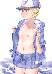 Rule 34 | 1girl, baseball cap, blonde hair, blue male swimwear, blue swim trunks, blush, bottle, breasts, character sheet, closed mouth, cowboy shot, crossdressing, cv-3 (dejiajia), drawstring, embarrassed, exhibitionism, female focus, flat chest, hat, highres, jacket, jewelry, male swimwear, male swimwear challenge, mars symbol, nipples, open clothes, open jacket, original, public indecency, red eyes, ring, short hair, solo, standing, swim trunks, swimsuit, tagme, topless, venus symbol, water bottle, white background