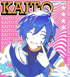 Rule 34 | 1boy, blue hair, blue nails, blue scarf, character name, colored eyelashes, commentary, copyright name, disco area, facing viewer, fingernails, hand up, index finger raised, kaito (vocaloid), kaito (vocaloid3), long sleeves, male focus, scarf, short hair, smile, solo, star (symbol), teeth, twitter username, upper body, vocaloid