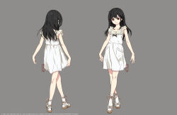 Rule 34 | 1girl, absurdres, aged down, arms at sides, black hair, child, closed mouth, collarbone, commentary request, concept art, dress, final fantasy, final fantasy vii, final fantasy vii remake, frilled dress, frills, from behind, full body, grey background, highres, long hair, looking at viewer, multiple views, official art, open hands, red eyes, roberto ferrari, sandals, smile, socks, square enix, standing, tifa lockhart, white dress, white socks