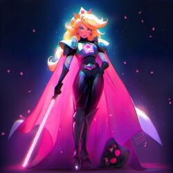 Rule 34 | 1girl, blonde hair, blue eyes, cape, crown, earrings, energy sword, full body, helmet, highres, holding, holding lightsaber, holding weapon, jewelry, lightsaber, long hair, looking at viewer, mario (series), nintendo, princess peach, seiorai, solo, standing, star wars, sword, weapon