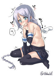 Rule 34 | 1girl, aqua eyes, arrow (symbol), between legs, black gloves, black skirt, black thighhighs, blush, braid, breasts, covering privates, covering breasts, ebifurya, elbow gloves, full body, gloves, hair between eyes, hand between legs, heart, highres, kantai collection, light purple hair, long hair, motion lines, navel, no shoes, open mouth, pleated skirt, poking, simple background, single braid, sitting, skirt, small breasts, solo focus, speech bubble, stomach, sweat, thighhighs, topless, trembling, twitter username, umikaze (kancolle), very long hair, wariza, white background, zettai ryouiki