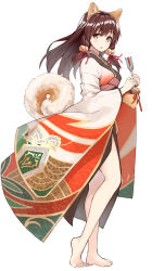 Rule 34 | 1girl, :o, animal ears, arrow (projectile), barefoot, bell, brown eyes, brown hair, chinese zodiac, commentary request, contrapposto, dog ears, dog girl, dog tail, from side, full body, hair bell, hair ornament, hamaya, highres, holding, japanese clothes, jingle bell, kimono, long sleeves, looking at viewer, looking to the side, new year, original, shunichi, simple background, solo, standing, tail, white background, wide sleeves, year of the dog