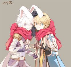 Rule 34 | 2boys, animal ears, arch bishop (ragnarok online), armor, assassin (ragnarok online), bandages, black gloves, blonde hair, blue coat, blue eyes, closed mouth, coat, commentary request, cowboy shot, cropped jacket, cross, cross necklace, dated, double v, double w, fingerless gloves, gloves, grey background, hair between eyes, jacket, jewelry, kusabi (aighe), long bangs, long sleeves, looking at viewer, male focus, multiple boys, necklace, pants, pauldrons, pointy ears, purple eyes, purple gloves, purple pants, purple shirt, rabbit ears, ragnarok online, shirt, short hair, shoulder armor, simple background, smile, v, w, white hair, white jacket
