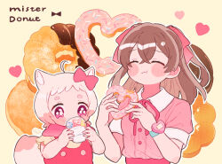 Rule 34 | 2girls, ahoge, animal ears, bow, brown hair, cat ears, closed eyes, delicious party precure, doughnut, eating, food, hair bow, heart, heart-shaped food, kiocotton, kome-kome (precure) (human), long hair, multiple girls, nagomi yui, pink bow, pink hair, precure, short sleeves, two side up, watch, wristwatch