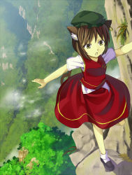 Rule 34 | 1girl, animal ears, bad id, bad pixiv id, balancing, brown hair, cat ears, cat girl, cat tail, chen, cloud, day, earrings, female focus, hidebo, jewelry, mountain, nature, outdoors, outstretched arms, scenery, single earring, socks, solo, spread arms, tail, touhou, white socks
