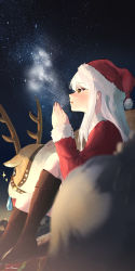 Rule 34 | 1girl, 1other, :d, blitzen, blurry, blurry foreground, blush, breath, cold, depth of field, eve santaclaus, hat, highres, idolmaster, idolmaster cinderella girls, idolmaster cinderella girls starlight stage, looking afar, milky way, night, night sky, open mouth, own hands together, profile, reindeer, sack, sanpo (sanpo 1027), santa costume, santa hat, sitting, sky, smile, snot, sparkle, star (sky), straight hair, white hair