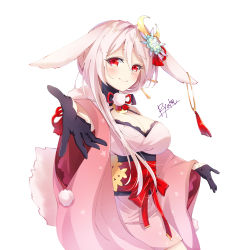 Rule 34 | 1girl, animal ears, artist name, black gloves, blush, breasts, rabbit ears, cleavage, copyright request, crescent, crescent hair ornament, gloves, hair between eyes, hair ornament, highres, japanese clothes, kimono, large breasts, long hair, looking at viewer, outstretched hand, red eyes, ryuka, simple background, smile, solo, tail, virtual youtuber, white background, white hair, wide sleeves