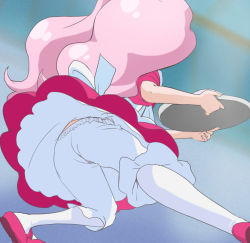 Rule 34 | 1girl, ass, bloomers, from behind, go! princess precure, haruyama kazunori, long hair, pantyhose, personification, pink footwear, pink hair, precure, puff (go! princess precure), puff (go! princess precure) (human), shoes, solo, tray, twintails, underwear, upskirt, white bloomers, white pantyhose