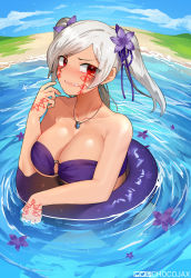 Rule 34 | 1girl, artist name, bare shoulders, bikini, birthmark, blush, breasts, chocojax, cleavage, collarbone, dark persona, eyes of grima, facial mark, fire emblem, fire emblem awakening, fire emblem heroes, full-face blush, grey hair, grima (fire emblem), highres, innertube, jewelry, large breasts, looking at viewer, necklace, nintendo, o-ring, o-ring bikini, o-ring top, official alternate costume, partially submerged, purple bikini, robin (female) (fire emblem), robin (fire emblem), solo, strapless, strapless bikini, swim ring, swimsuit, twintails, water