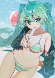 Rule 34 | 1girl, ball, beachball, bikini, blue eyes, blue hair, breasts, cameltoe, cleavage, dripping, food, hatsune miku, highres, jacket, jacket over swimsuit, medium breasts, navel, popsicle, solo, sparkle, starfish, striped bikini, striped clothes, swimsuit, tongue, tongue out, track jacket, tsuchinoko (tutituti0125), twintails, water, wet, wet hair