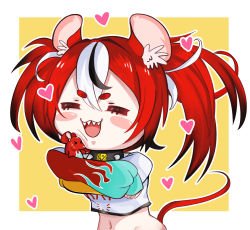 Rule 34 | &gt; &lt;, 1girl, animal ear fluff, animal ears, black hair, blush, cheese, closed eyes, collar, food, hair between eyes, hakos baelz, heart, highres, hololive, hololive english, hug, lighto, long sleeves, messy hair, mouse ears, mouse girl, mouse tail, multicolored hair, navel, open mouth, red hair, sharp teeth, shirt, solo, streaked hair, tail, teeth, two-tone background, upper body, virtual youtuber, white hair, white shirt