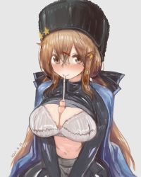 Rule 34 | 1girl, alternate breast size, bad id, bad pixiv id, black bow, black skirt, blue shawl, blush, bow, bra, breasts, brown hair, drink, drinking, fur hat, grey background, hair between eyes, hair ornament, hairclip, hat, highres, kantai collection, large breasts, looking at viewer, low twintails, megame (okbnkn), miniskirt, papakha, red eyes, shawl, simple background, skirt, solo, star (symbol), tashkent (kancolle), twintails, underwear, white bra