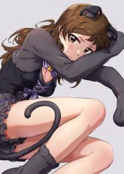 Rule 34 | 1girl, animal ear fluff, animal ears, animal hands, ayano yuu (sonma 1426), black footwear, black gloves, black shirt, black shorts, breasts, brown eyes, brown hair, cleavage, closed mouth, frilled shorts, frills, from above, gloves, grey background, highres, kemonomimi mode, kitazawa shiho, lace-up top, looking at viewer, lying, medium breasts, on side, paw gloves, paw shoes, shirt, short shorts, shorts, shrug (clothing), simple background, smile, solo, tail