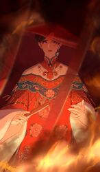 Rule 34 | 1 hcs, 1boy, blurry, blurry foreground, clothing request, earrings, fire, floral print, folding fan, hand fan, highres, holding, holding fan, jewelry, lipstick, looking at viewer, makeup, male focus, purple eyes, shining nikki, solo, wide sleeves
