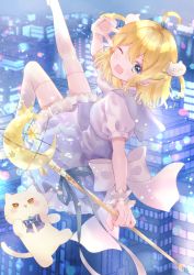 Rule 34 | 1girl, absurdres, azarashi6, blonde hair, blue eyes, blush, breasts, city, cityscape, dress, fang, floating, hair ornament, highres, looking at viewer, looking back, magical girl, medium breasts, one eye closed, open mouth, original, pinafore dress, sleeveless dress, solo, thighhighs, white thighhighs