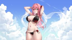 Rule 34 | 1girl, :d, absurdres, arms up, bikini, bird, black bikini, black choker, blue eyes, blue sky, blush, breasts, choker, cloud, day, floating hair, flower, groin, hair between eyes, hair flower, hair ornament, highres, large breasts, long hair, looking at viewer, navel, open mouth, original, outdoors, parted lips, pink hair, red flower, red rose, rose, see-through, shawl, side-tie bikini bottom, skindentation, sky, smile, solo, stomach, swimsuit, tacco (tikeworld), thighs, wavy hair