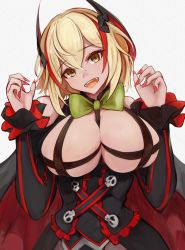 Rule 34 | 1girl, alternate costume, azur lane, black cape, black corset, black dress, blonde hair, bow, breast cutout, breasts, cape, corset, dress, green bow, hair between eyes, highres, large breasts, looking at viewer, marshall k, multicolored hair, nail polish, red cape, red hair, roon (azur lane), simple background, solo, streaked hair, two-tone cape, upper body, white background, yellow eyes