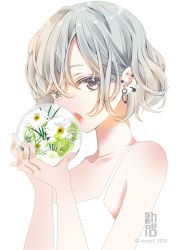 Rule 34 | 1girl, 2018, artist name, bare arms, bare shoulders, collarbone, commentary, dress, ear piercing, earrings, flower, grey eyes, hair between eyes, hands up, holding, jewelry, looking at viewer, open mouth, orb, original, piercing, sheepd, silver hair, simple background, sleeveless, sleeveless dress, solo, white background, white dress, white flower
