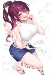 Rule 34 | 1girl, absurdres, bangle, bare shoulders, blue shorts, blush, bow, bracelet, breasts, brown hair, blowing bubbles, collarbone, commentary request, crop top, deogho (liujinzy9854), hair bow, heart, high heels, highres, jewelry, jururu, korean commentary, large breasts, long hair, looking at viewer, midriff, multicolored hair, nail polish, ponytail, purple eyes, purple hair, shirt, shorts, sleeveless, sleeveless shirt, smile, solo, streaked hair, toes, v, virtual youtuber, waktaverse, white bow, white footwear, white shirt