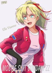 Rule 34 | 1girl, artist name, blonde hair, blue eyes, blush, breasts, character name, efsfksx666s, elle vianno, gradient background, gundam, gundam zz, highres, jacket, leggings, looking at viewer, open mouth, ponytail, ribbon, short hair, small breasts, smile, upper body, white background