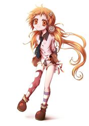 Rule 34 | 1girl, asymmetrical legwear, bag, boots, collared shirt, commentary request, flat chest, full body, gloves, hair ornament, long hair, looking at viewer, necktie, nomura kitan, orange eyes, orange hair, original, shirt, shorts, simple background, smile, solo, very long hair, white background