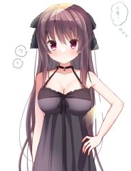 Rule 34 | 1girl, ?, ao no kanata no four rhythm, arm at side, bare arms, black choker, black dress, black ribbon, blush, breasts, brown hair, choker, cleavage, closed mouth, collarbone, commentary request, cowboy shot, dress, eyelashes, frilled ribbon, frills, frown, hair between eyes, hair ornament, hair ribbon, halterneck, hand on own hip, highres, large breasts, long hair, looking at viewer, purple eyes, ribbon, simple background, sleeveless, sleeveless dress, solo, spoken question mark, standing, straight-on, sunlight, sweatdrop, takepoison, thought bubble, tobisawa misaki, translated, very long hair, white background, x hair ornament