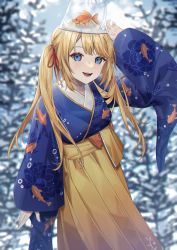 Rule 34 | 1girl, animal print, blonde hair, blue eyes, blush, breasts, fish print, highres, hololive, hololive english, long hair, long sleeves, looking at viewer, medium breasts, outdoors, smile, twintails, virtual youtuber, watson amelia, wenz