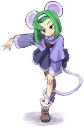 Rule 34 | 1girl, animal ears, brave fencer musashiden, capelet, commentary request, dress, full body, green hair, hairband, mouse ears, mouse girl, mouse tail, purple capelet, purple eyes, samezamekoban, shoes, short hair, solo, tail, topo (musashiden)