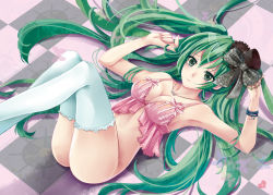 Rule 34 | 1girl, armpits, bottomless, bracelet, checkered floor, chengshan0708, floor, green eyes, green hair, hatsune miku, jewelry, long hair, lying, matching hair/eyes, necklace, on back, solo, spring onion, thighhighs, twintails, very long hair, vocaloid