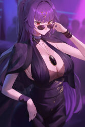 Rule 34 | 1girl, absurdres, breasts, closed mouth, commission, earrings, hair ornament, highres, jewelry, large breasts, long hair, looking at viewer, necklace, original, pixiv commission, ponytail, purple hair, red eyes, rororo, ryoko yamaguchi, solo focus, sunglasses
