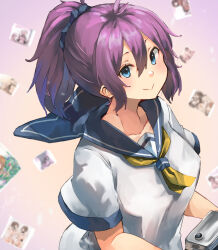 Rule 34 | 1girl, :&gt;, aoba (kancolle), blue eyes, blue sailor collar, camera, hair ornament, hair scrunchie, highres, holding, holding camera, kantai collection, looking at viewer, neckerchief, photo (object), ponytail, purple hair, sailor collar, school uniform, scrunchie, serafuku, short sleeves, smile, solo, sunday aki, upper body, yellow neckerchief
