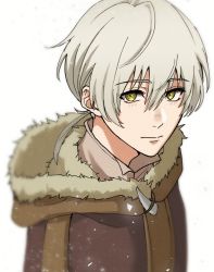 Rule 34 | 1boy, closed mouth, coat, collar, dao (daao bf), fumetsu no anata e, fur trim, fushi, highres, hood, looking at viewer, male focus, platinum blonde hair, simple background, solo, upper body, white background, yellow eyes